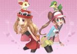  2girls amg192003 bag bare_shoulders blue_eyes brown_hair double_bun fennekin hat holding_hands mei_(pokemon) multiple_girls pantyhose pokemon pokemon_(creature) pokemon_(game) pokemon_bw2 pokemon_xy raglan_sleeves serena_(pokemon) skirt snivy sunglasses sunglasses_on_head twintails violet_eyes visor_cap 