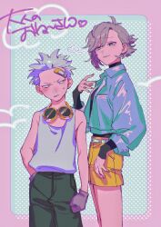  1boy 1girl absurdres age_difference aged_down bandaid bandaid_on_face bandaid_on_forehead belt black_pants black_shirt blue_background blue_jacket border breasts clenched_hand commentary_request cowboy_shot gloves goggles goggles_around_neck grey_eyes grey_gloves grey_hair hand_on_own_hip hand_up heart highres jacket jitome kabane_(rjev8385) long_sleeves looking_at_another looking_to_the_side medium_breasts oc_x_canon one_piece onee-shota open_clothes open_jacket original pants parted_lips pink_border polka_dot polka_dot_background shirt shirt_tucked_in short_hair short_shorts shorts small_sweatdrop smile smoker_(one_piece) spoken_heart standing tank_top translation_request unzipped white_belt white_tank_top yellow_eyes yellow_shorts zipper 