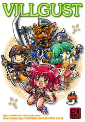  2boys 2girls ahoge armor artist_name axe battle_axe black_armor black_eyes blue_eyes blue_gloves blue_pants blue_shirt book boots bostov_(villgust) breastplate brown_boots cape chest_guard chibi circle_name circlet claw_(weapon) commentary_request copyright_name facial_mark fangs faulds fingerless_gloves fingernails furry furry_male ghost ghost_tail gloves green_eyes green_hair hairband helmet highres holding holding_axe holding_book holding_shield holding_staff holding_sword holding_weapon katana kokomahi kouryuu_densetsu_villgust looking_at_viewer looking_back medium_hair miniskirt multiple_boys multiple_girls murobo_(villgust) nail_polish open_book open_mouth pants pink_shirt pink_skirt ponytail pumpkin pumpkin_head purple_armor purple_boots purple_shirt red_eyes red_hair remi_(villgust) ryuquir_(villgust) sharp_fingernails shield shirt short_hair shoulder_armor skirt smile staff sword weapon web_address white_cape white_hairband yellow_nails yellow_pants 