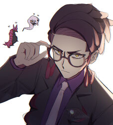  1boy absurdres adjusting_eyewear arbok black_hair black_jacket chibi closed_mouth collared_shirt commentary_request corbeau_(pokemon) glasses heart highres jacket long_sleeves male_focus necktie open_clothes open_jacket pokemon pokemon_(creature) pokemon_legends:_z-a purple_shirt round_eyewear scolipede shirt short_hair white_background white_necktie yellow_eyes yuan171217 