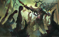  absurdres alexeykruglov banner chaos_(warhammer) colored_tongue demon highres holding holding_banner holding_sword holding_weapon long_tongue looking_at_viewer monster monster_focus official_art open_mouth plaguebearer purple_tongue sword tongue total_war total_war:_warhammer warhammer_fantasy weapon 