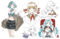  5girls :3 ? ascot bare_shoulders black_hat black_skirt blonde_hair blue_eyes blue_hair blunt_bangs blunt_ends boater_hat bob_cut braid braided_bangs closed_mouth cowboy_shot cropped_legs cropped_torso dress earrings fang feather_boa green_eyes grey_dress grey_hair grey_tank_top hair_bun hair_ornament hair_over_one_eye hand_up hands_up hat highres hissabeth in_hat interlocked_fingers jacket jewelry kiperina korean_text looking_at_viewer mercuria_(reverse:1999) midriff miniskirt mmihpyy multiple_girls navel neckerchief one_eye_covered own_hands_together pencil_skirt red_neckerchief reverse:1999 short_hair single_earring single_side_bun skin_fang skirt snake snake_on_head speech_bubble spoken_question_mark star_(symbol) star_hair_ornament tank_top teacher_and_student translation_request unworn_hat unworn_headwear upper_body vertin_(reverse:1999) violet_eyes white_ascot white_background white_jacket windsong_(reverse:1999) 