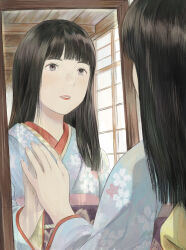  1girl absurdres black_hair blue_kimono day fukaba_mika hand_on_mirror hand_up highres indoors japanese_clothes kimono lipstick looking_at_mirror makeup mirror solo upper_body 