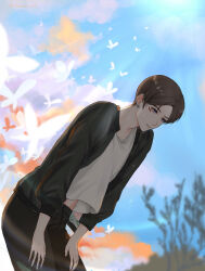 1boy bare_tree black_jacket black_pants brown_hair bug bush butterfly clouds collarbone commentary_request cowboy_shot day denim earrings eyelashes flower_earrings highres jacket jeans jewelry kohanai_setsuna light_rays long_sleeves looking_down male_focus marking_on_cheek midriff_peek nikki_(series) open_clothes open_jacket outdoors pants parted_lips qin_yi_(shining_nikki) shining_nikki shirt short_hair solo squatting sun sunlight sweat tree twitter_username violet_eyes white_shirt 