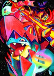 3others black_background blue_skin claws colored_skin emboar ezgk385 fangs feraligatr fire flower green_skin highres jaw mega_emboar mega_evolution_symbol mega_feraligatr mega_meganium meganium multiple_others no_humans open_mouth pokemon pokemon_(creature) pokemon_focus pokemon_legends:_z-a red_eyes red_skin simple_background starter_pokemon_trio