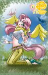  1girl bird blue_eyes bracelet butterfly copyright_name cutie_mark fluttershy highres jewelry kneeling logo long_hair mauroz midriff my_little_pony my_little_pony_friendship_is_magic navel open_mouth personification pink_hair pony scraf sky solo tagme tied_shirt 