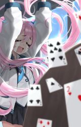  1girl absurdres arms_up backlighting black_skirt blue_archive blue_necktie blurry card closed_eyes collared_shirt commentary cowboy_shot crying day defeat depth_of_field double-parted_bangs fang floating_card floating_hair furrowed_brow hair_between_eyes highres id_card indoors jacket koyuki_(blue_archive) long_hair long_sleeves miniskirt necktie open_clothes open_jacket open_mouth pink_hair pleated_skirt rectangular_mouth shirt skin_fang skirt solo streaming_tears table table_flip tears thick_eyebrows twintails ubeuna very_long_hair white_jacket white_shirt window 