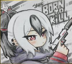  1girl absurdres black_hair blue_archive commentary_request gun handgun highres holding holding_gun holding_weapon hood horns kayoko_(blue_archive) multicolored_hair red_eyes shikishi solo tomimon traditional_media weapon 