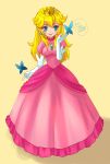  1girl blonde_hair blue_eyes breasts butterfly crown drawfag dress earrings elbow_gloves eyelashes gloves happy_birthday highres jewelry lips long_dress long_hair pink_dress princess_peach simple_background slender_waist smile solo super_mario_bros. white_gloves yellow_background 