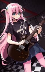  1girl absurdres amplifier black_shirt blue_eyes bocchi_the_rock! breasts checkered_floor commentary cube_hair_ornament dutch_angle electric_guitar gotoh_hitori guitar hair_ornament highres instrument kawurin long_hair medium_breasts miniskirt music one_side_up pants pants_under_skirt pink_hair pink_pants playing_instrument pleated_skirt shirt skirt solo t-shirt very_long_hair wristband 