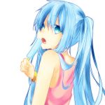  1girl aqua_eyes aqua_hair bangle bracelet bust hatsune_miku jewelry long_hair looking_at_viewer looking_back open_mouth popsicle solo vocaloid yuuani 