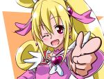  1girl ;d aida_mana blonde_hair choker cure_heart dokidoki!_precure finger_gun florence_temporary long_hair magical_girl open_mouth pink_eyes ponytail precure smile solo wink 