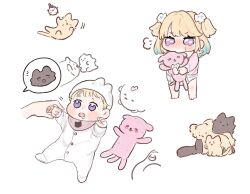  2girls :3 :d =_= ^_^ animalization anyoji_hime baby basil_(wgh0anzdple3asf) blonde_hair blue_hair blush cat clenched_hand closed_eyes commentary_request diaper dripping_eye drooling fujishima_megumi gonzales_(love_live!) gradient_hair hugging_doll hugging_object if_they_mated link!_like!_love_live! love_live! lying mother_and_daughter multicolored_hair multiple_girls multiple_views nose_blush on_back onesie osawa_rurino pink_shirt puff_of_air puffy_cheeks saliva science_babies shirt short_twintails smile speech_bubble spoken_animal spoken_character standing stuffed_animal stuffed_toy tearing_up toddler twintails v-shaped_eyebrows violet_eyes virtual_youtuber white_background yurie_mouth 