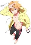  1boy blonde_hair free! hazuki_nagisa jacket male open_mouth solo standing swim_briefs swimsuit topless wink 