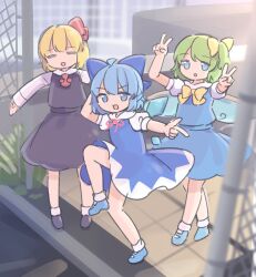  3girls ascot black_shoes black_vest blonde_hair blue_bow blue_dress blue_eyes blue_hair bow bowtie chain-link_fence cirno closed_eyes coa_(chroo_x) commentary_request daiyousei detached_wings double_v dress embodiment_of_scarlet_devil fairy fairy_wings fence google_street_view green_hair hair_between_eyes hair_bow hair_ribbon high_school_girls_posing_for_google_street_view_(meme) highres ice ice_wings meme multiple_girls neck_ribbon outstretched_arms pinafore_dress posing puffy_short_sleeves puffy_sleeves raised_curb red_bow red_bowtie red_ribbon ribbon rumia shoes short_hair short_sleeves side_ponytail sidewalk skirt skirt_set sleeveless sleeveless_dress spread_arms standing standing_on_one_leg tactile_paving touhou v vest wings yellow_ascot yellow_bow yellow_ribbon 