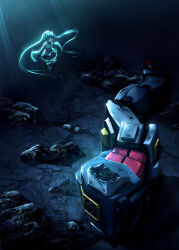  1girl absurdres aqua_eyes aqua_hair black_skirt black_thighhighs crossover damaged detached_sleeves floating gundam hatsune_miku headless highres long_hair lying mk_22p mobile_suit mobile_suit_gundam on_side robot rx-78-2_gundam science_fiction severed_limb shirt skirt solo thigh-highs twintails vocaloid 