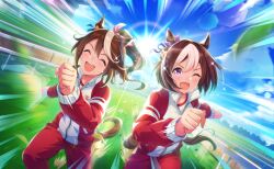  2girls ^_^ animal_ears artist_request blue_ribbon blue_sky bow braid brown_hair clenched_hands closed_eyes clouds collarbone cowboy_shot crest day dot_nose ear_bow ear_ornament ear_ribbon emphasis_lines floating_clothes floating_hair game_cg glint hair_between_eyes hair_bow hair_ribbon half_up_braid high_ponytail highres horse_ears horse_girl horse_tail jacket light_blush long_hair long_sleeves looking_ahead motion_blur multicolored_hair multicolored_jacket multiple_girls official_art one_eye_closed open_mouth outdoors pants pink_bow ponytail puffy_long_sleeves puffy_sleeves purple_bow purple_ribbon racing red_jacket red_pants ribbon running short_hair sky smile special_week_(umamusume) sportswear streaked_hair sun sweat sweatpants tail tareme teeth tokai_teio_(umamusume) tracen_training_uniform track_and_field track_jacket tree turtleneck turtleneck_jacket two-tone_jacket umamusume upper_teeth_only violet_eyes white_jacket zipper 