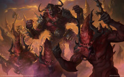  absurdres alexeykruglov axe battle_axe bloodthirster chaos_(warhammer) colored_tongue demon highres holding holding_axe horns long_tongue looking_at_viewer monster monster_focus official_art open_mouth purple_tongue skull tongue total_war total_war:_warhammer very_long_tongue warhammer_fantasy warrior_of_chaos weapon 