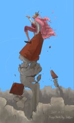  1boy 2025 blonde_hair capri_pants coat crown crumbling dated donquixote_doflamingo english_text happy_birthday highres male_focus muscular muscular_male one_piece open_clothes open_shirt pants pink_coat rokuroku_6ppu shirt short_hair sitting symbolism thread tower white_shirt 