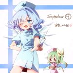  2girls alternate_costume blue_eyes blue_hair blush bow box cirno daiyousei fairy_wings fang green_hair hair_bow hat ice ice_wings kuromame_(8gou) looking_at_viewer multiple_girls nurse nurse_cap open_mouth puffy_sleeves short_sleeves side_ponytail smile syringe touhou wings wink |_| 