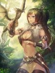  1girl armlet breasts cleavage dragon fur grin instant-ip loincloth ponytail smile solo sparkle sword thighhighs vambraces weapon 