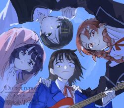  4girls :< black_eyes black_hair black_jacket black_sweater_vest blazer blue_jacket blue_sky braid braided_twintails brown_eyes brown_hair circle_formation closed_mouth collared_shirt electric_guitar from_below fujii_ayame futsuu_no_keion-bu green_eyes guitar hair_ornament hairpin hand_on_another's_shoulder hatono_chihiro heartbreak_(futsuu_no_keion-bu) highres holding holding_guitar holding_instrument hood hood_up hooded_jacket instrument jacket kouyama_rin multiple_girls neck_ribbon outdoors pink_jacket pixie_cut purple_hair qrioic74 red_ribbon ribbon school_uniform shirt short_hair sky small_pupils sweater_vest twin_braids uchida_momo violet_eyes watermark white_shirt 