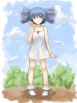  1girl alternate_costume alternate_hairstyle bare_arms blue_eyes blue_hair blue_sky candy cirno clouds collarbone dress hair_ribbon highres ice ice_wings lollipop looking_at_viewer ribbon shone sky sleeveless sleeveless_dress solo touhou white_dress wings 