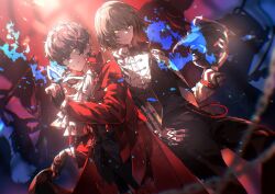  2boys akechi_gorou amamiya_ren arsene_(persona_5) arsene_(persona_5)_(cosplay) ascot black_gloves black_hair black_pants black_shirt black_vest blue_fire blurry blurry_background brown_hair closed_mouth coat commentary cosplay domino_mask dutch_angle english_commentary eye_mask feet_out_of_frame fire gloves hair_between_eyes hand_on_own_hip hand_up high_collar highres holding holding_mask jacket loki_(persona_5) loki_(persona_5)_(cosplay) long_sleeves looking_at_viewer male_focus mask metoerwarrior multiple_boys pants parted_lips persona persona_5 red_coat shirt short_hair smile vest white_ascot white_gloves white_jacket yellow_eyes 