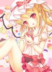  1girl blonde_hair flandre_scarlet frills harukaruha hat red_eyes side_ponytail solo sweets touhou wings wrist_cuffs 