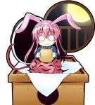  1girl animal_ears blush blush_stickers bow bubble_skirt chibi eating hata_no_kokoro ichimi long_hair long_sleeves looking_at_viewer o_o pink_hair rabbit_ears shirt skirt smile solo touhou very_long_hair 