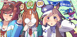  4girls :d @_@ banner blue_bow blue_eyes blue_hair blue_jacket blush bow brown_eyes brown_hair brown_vest center_frills chiwa_(chiwa0617) collared_shirt commentary_request dress_shirt frills glasses green_background green_jacket grey-framed_eyewear hand_glasses hand_up heterochromia highres holding ikuno_dictus_(umamusume) jacket long_sleeves matikanetannhauser_(umamusume) milestone_celebration multicolored_hair multiple_girls nice_nature_(run&amp;win)_(umamusume) nice_nature_(umamusume) nose_blush opaque_glasses open_clothes open_jacket ponytail puffy_long_sleeves puffy_sleeves round_eyewear sharp_teeth shirt sleeves_past_wrists smile streaked_hair streamers stuffed_animal stuffed_rabbit stuffed_toy sweat teeth twin_turbo_(umamusume) twitter_username two-tone_hair umamusume veil vest violet_eyes w white_hair white_jacket white_shirt white_veil 
