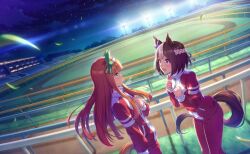  2girls :o animal_ears aqua_eyes artist_request bleachers blunt_bangs blunt_ends blush bow braid brown_hair bush clenched_hands crest dutch_angle ear_bow ear_covers eye_contact feet_out_of_frame green_ribbon hair_ornament hair_ribbon half_up_braid hand_on_own_chest happy heavy_breathing horse_ears horse_girl horse_tail jacket lamppost long_hair long_sleeves looking_at_another multicolored_hair multicolored_jacket multiple_girls night night_sky official_art open_mouth orange_hair outdoors pants pocket puffy_long_sleeves puffy_sleeves purple_bow red_jacket red_pants ribbon school shadow short_hair silence_suzuka_(umamusume) single_stripe sky smile special_week_(umamusume) sphere_hair_ornament star_(sky) starry_sky streaked_hair striped_ribbon sweat sweatpants tail tareme teeth tracen_training_uniform track_and_field track_jacket tree turtleneck turtleneck_jacket two-tone_jacket umamusume upper_teeth_only very_long_hair violet_eyes white_hair white_jacket zipper 
