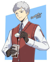 1boy bandaid bandaid_on_face bandaid_on_forehead black_ribbon brown_gloves closed_mouth collared_shirt commentary_request cup gloves grey_hair highres holding holding_cup holding_spoon long_sleeves male_focus neck_ribbon persona persona_3 red_sweater_vest ribbon sanada_akihiko shirt short_hair solo spoon sweater_vest tamame_7777 twitter_username upper_body white_shirt 