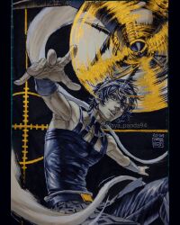  1boy aerosmith_(stand) aircraft airplane belt belt_buckle buckle choker commentary hairband highres jojo_no_kimyou_na_bouken limited_palette male_focus marker_(medium) maya_panda narancia_ghirga outstretched_arms pants short_hair signature skirt solo spot_color stand_(jojo) tank_top traditional_media vento_aureo wristband 