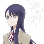  1girl blue_eyes cologne_(heartcatch_precure!) gacchahero glasses hair_ornament hairclip heartcatch_precure! long_hair looking_at_viewer mascot precure purple_hair ribbon school_uniform simple_background smile solo tsukikage_yuri white_background 