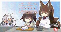  4girls amagi_(azur_lane) animal_ears apron azur_lane bluesky_username carrot check_commentary chibi commentary_request cutting cutting_board dougi flying_sweatdrops fox_ears fox_girl fox_tail highres hikimayu historical_name_connection holding holding_another's_arm holding_knife kaga_(azur_lane) kaga_(battleship)_(azur_lane) kaga_(kancolle) kantai_collection kappougi kitchen_knife kitsune knife kyuubi multiple_girls multiple_tails name_connection partially_shaded_face side_ponytail sieve tail taisa_(kari) tasuki tosa_(azur_lane) 