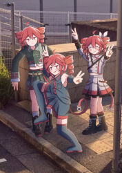  3girls ahoge bare_shoulders belt black_boots black_shirt black_skirt black_sleeves boots bow buttons chain-link_fence closed_eyes collared_shirt detached_sleeves double_v drill_hair fence grey_jacket grey_skirt hair_between_eyes hair_bow hashtag-only_commentary high_school_girls_posing_for_google_street_view_(meme) highres jacket kasane_teto kasane_teto_(sv) kasane_teto_(utau) kasane_teto_(voicepeak) lace-up_boots light_blush long_sleeves looking_at_viewer meme multiple_girls number_tattoo outdoors photo_background red_eyes red_hair shirt skirt sleeveless sleeveless_shirt smile sound_wave standing standing_on_one_leg tattoo twin_drills twintails utau v white_bow zooo_3 
