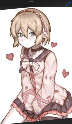  1girl :/ aigis_(persona) android armband art_program_in_frame black_choker black_skirt black_thighhighs blonde_hair blue_armband blue_sailor_collar blush bow breasts cardigan choker closed_mouth commentary compactform cosplay cowboy_shot english_commentary gold_hairband green_eyes hair_between_eyes hairband hands_on_lap heart highres lace-trimmed_skirt lace_trim looking_at_viewer persona persona_3 pink_cardigan pleated_skirt robot_ears sailor_collar sepia short_hair simple_background single_thighhigh sitting skirt sleeves_past_fingers sleeves_past_wrists small_breasts solo thigh-highs ukinami_yuzuha ukinami_yuzuha_(cosplay) white_background white_bow zenless_zone_zero 