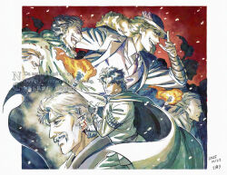  6+boys adjusting_clothes adjusting_headwear armband beard black_coat blonde_hair blue_hair blue_hat blue_vest cape character_request cigar cloak coat dated facial_hair father_and_son fire george_joestar gloves green_cloak grey_hair hat holding holding_knife jacket jojo_no_kimyou_na_bouken jonathan_joestar knife long_hair male_focus mature_male multiple_boys mustache necktie old old_man open_mouth phantom_blood profile purple_necktie robert_e._o._speedwagon scar scar_on_face shirt short_hair smile sword torch under_under_01 vest weapon 