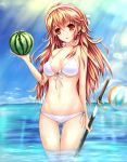  1girl absurdres ball beachball bikini brown_hair food fruit highres long_hair mafuyu_(867208837) original red_eyes swimsuit sword watermelon weapon 
