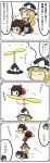  4girls 4koma :&lt; apron blonde_hair bow braid brown_hair closed_eyes comic flying flying_sweatdrops hair_bow hair_tubes hakurei_reimu hat hat_bow highres kirisame_marisa long_sleeves multiple_girls multiple_persona potaaju propeller propeller_hat puffy_sleeves shaded_face shirt short_sleeves single_braid sitting sitting_on_person skirt skirt_set smile sweatdrop touhou translation_request waist_apron wide_sleeves witch witch_hat 