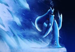 absurdres blue_eyes blue_sclera bones_dio colored_sclera froslass full_body highres horns ice mega_evolution_symbol mega_froslass mega_pokemon no_humans pokemon pokemon_(creature) pokemon_focus pokemon_legends:_z-a solo wallpaper