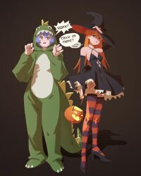  1girl 2girls :o adjusting_clothes adjusting_headwear alternate_costume animal_hood arm_up armpits ayanami_rei bare_shoulders bat_wings black_background black_bridal_gauntlets black_dress black_hat black_shoes black_wings blue_eyes blue_hair blush breasts bridal_gauntlets bucket claw_pose clothing_cutout collarbone commentary cosplay criss-cross_halter dinosaur_costume dinosaur_tail dot_nose dress english_commentary english_text felix_thirasat full_body gradient_background green_pajamas hair_between_eyes halloween halloween_bucket halloween_costume halter_dress halterneck hands_up hat high_heels highres holding holding_bucket hood hood_up jack-o&#039;-lantern kigurumi light_blush linea_alba long_hair long_sleeves looking_at_viewer multiple_girls neon_genesis_evangelion open_mouth orange_hair orange_thighhighs pajamas parted_lips petticoat purple_thighhighs red_eyes shaded_face shadow sharp_teeth shoes short_dress short_hair side-by-side small_breasts souryuu_asuka_langley speech_bubble standing stomach_cutout straight_hair striped_clothes striped_thighhighs tail teeth thigh-highs trick_or_treat two-tone_thighhighs upper_teeth_only very_long_hair wide-eyed wings witch_hat zettai_ryouiki 