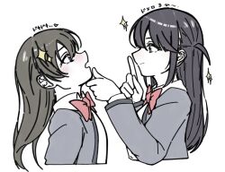  2girls arm_at_side black_hair blue_eyes blush bow bowtie closed_mouth collared_shirt commentary_request cropped_torso daua_history eye_contact finger_to_mouth from_side grabbing_another's_chin grey_jacket hair_between_eyes hair_ornament hairclip hand_on_another's_chin hand_up heart highres jacket kagura_hikari long_hair long_sleeves looking_at_another multiple_girls nose_blush one_side_up open_clothes open_jacket open_mouth profile red_bow red_bowtie school_uniform seishou_music_academy_uniform shirt shoujo_kageki_revue_starlight shushing smile sparkle sparkle_hair_ornament spoken_heart translation_request tsuyuzaki_mahiru upper_body violet_eyes white_shirt yuri 