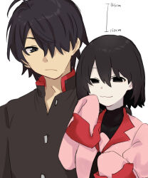  1boy 1girl :/ :3 ahoge araragi_koyomi black_eyes black_hair black_jacket black_necktie black_shirt bob_cut breasts closed_mouth collared_shirt commentary covered_collarbone dress_shirt empty_eyes gakuran hair_between_eyes hair_over_one_eye hand_to_own_mouth hands_up height_chart height_difference highres jacket long_sleeves looking_ahead looking_at_another looking_down looking_to_the_side mandarin_collar monogatari_(series) naoetsu_high_school_uniform narrowed_eyes necktie oshino_ougi pale_skin pink_shirt red_trim school_uniform shirt short_hair side-by-side simple_background sketch sleeves_past_fingers sleeves_past_wrists small_breasts smile standing translated tsugumi_(tgm_615486) turtleneck upper_body very_long_sleeves white_background 