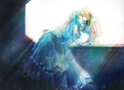  1boy 1girl alternate_costume amyucheu blonde_hair blue_dress blue_hair brown_hair chung_seiker closed_eyes commentary deadly_chaser_(elsword) dress elbow_gloves elsword gloves hetero highres holding_hands imminent_kiss long_hair multicolored_hair necktie sasha_(elsword) short_hair streaked_hair two-tone_hair veil 