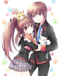  1boy 1girl animal_on_head brother_and_sister brown_hair cat cat_on_head grin little_busters!! long_hair natsume_kyousuke natsume_rin ponytail red_eyes school_uniform short_hair siblings smile soranagi 