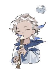  1boy =_= bangs_blown_up blonde_hair blue_bow blue_bowtie blue_hair blue_sailor_collar bow bowtie cropped_torso dark-skinned_male dark_skin fate/grand_order fate_(series) floating_hair floating_neckwear flute forehead furrowed_brow gradient_hair grand_pudding hat hat_loss holding holding_flute holding_instrument instrument kyoufuu_all_back_(vocaloid) long_sleeves low_twintails male_focus marine_nemo_(fate) multicolored_hair music nemo_(fate) parody playing_flute playing_instrument puffy_long_sleeves puffy_sleeves recorder sailor_collar sailor_shirt shirt short_hair short_twintails simple_background sketch solo trap twintails two-handed two-tone_hair white_background white_hat white_shirt wind wind_lift 