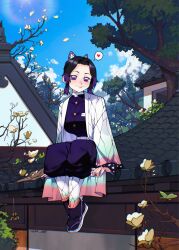  1girl artist_name belt black_hair butterfly_hair_ornament cesar_art456 closed_mouth day hair_ornament haori heart highres japanese_clothes kimetsu_no_yaiba kochou_shinobu looking_at_viewer multicolored_hair outdoors parted_bangs print_haori purple_hair sitting sky smile solo spoken_heart tabi two-tone_hair violet_eyes waraji white_belt 