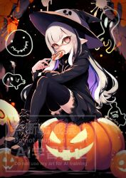  1girl black_hair black_hat black_hoodie black_shoes black_skirt black_thighhighs blue_eyes boots candy colored_inner_hair commentary drawstring dress food full_body gradient_eyes grey_hair grey_ribbon halloween hat hat_ribbon high_heel_boots high_heels highres holding holding_candy holding_food holding_lollipop hood hood_down hoodie inkling inkling_girl inkling_player_character jack-o&#039;-lantern kainesato lace-up_boots lollipop long_hair long_sleeves multicolored_eyes multicolored_hair orange_eyes pointy_ears purple_dress ribbon shoes sitting skirt solo splatoon_(series) swirl_lollipop tentacle_hair thigh-highs two-tone_eyes watermark witch_hat 